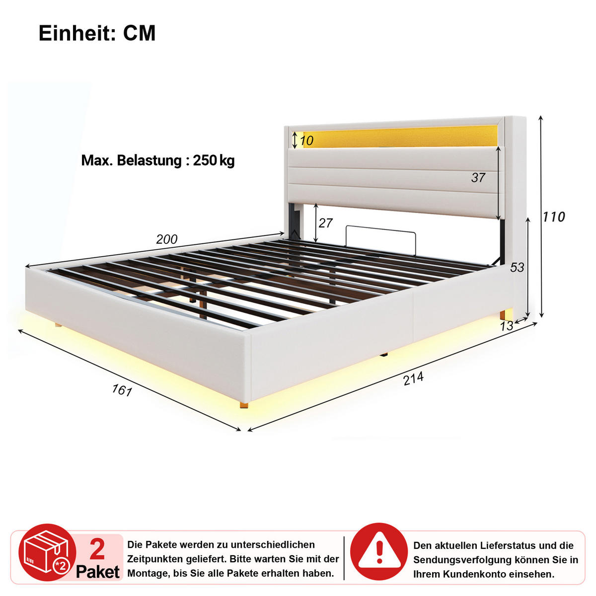 ČALOUNĚNÁ POSTEL 160x200 cm béžová s lněným vzhledem, úložným prostorem, LED osvětlením a USB portem - béžová, kov/kompozitní dřevo (160/200cm) - WISHDOR