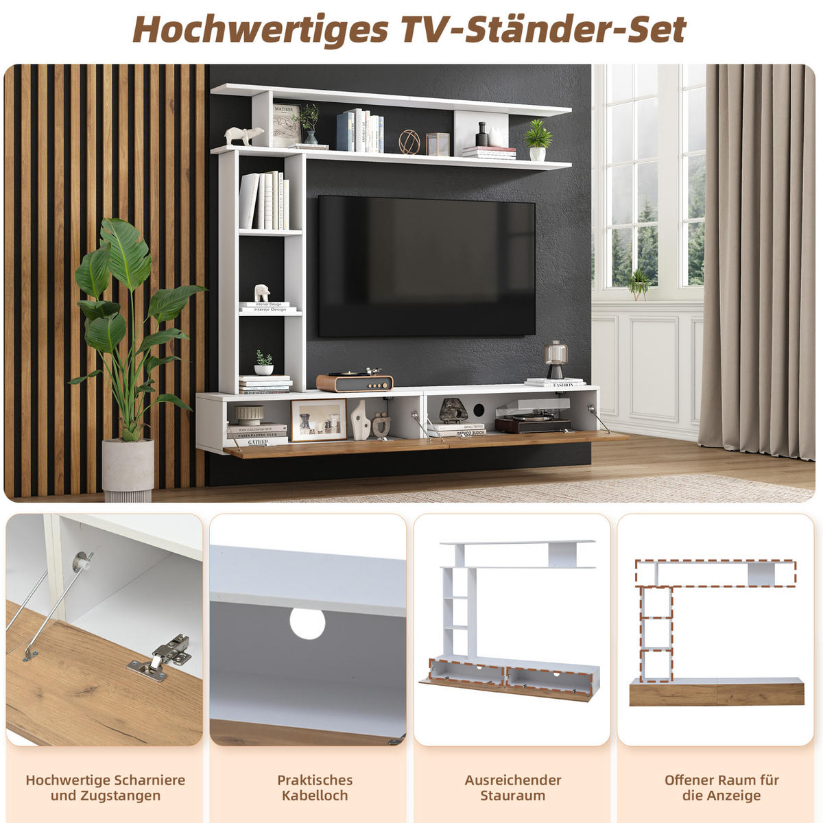 TV-WOHNWAND aus Spanplatte 180x35x22,5 cm Weiß/Eichefarben mit Stand- und Hängefunktion, 2 Türen und offenen Regalen - Weiß, Holzwerkstoff (180/150/35cm) - Modfu