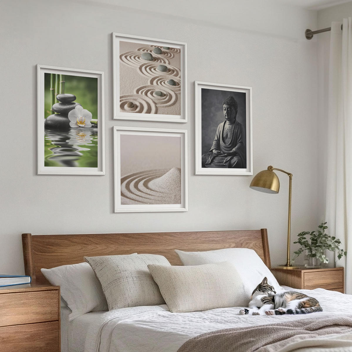 WANDBILDER 4er-Set - 50x50 cm & 40x60 cm Weißer Rahmen - Ein entspannter Buddha am Strand - Weiß, Kunststoff (50/50cm) - ArtPrintCave