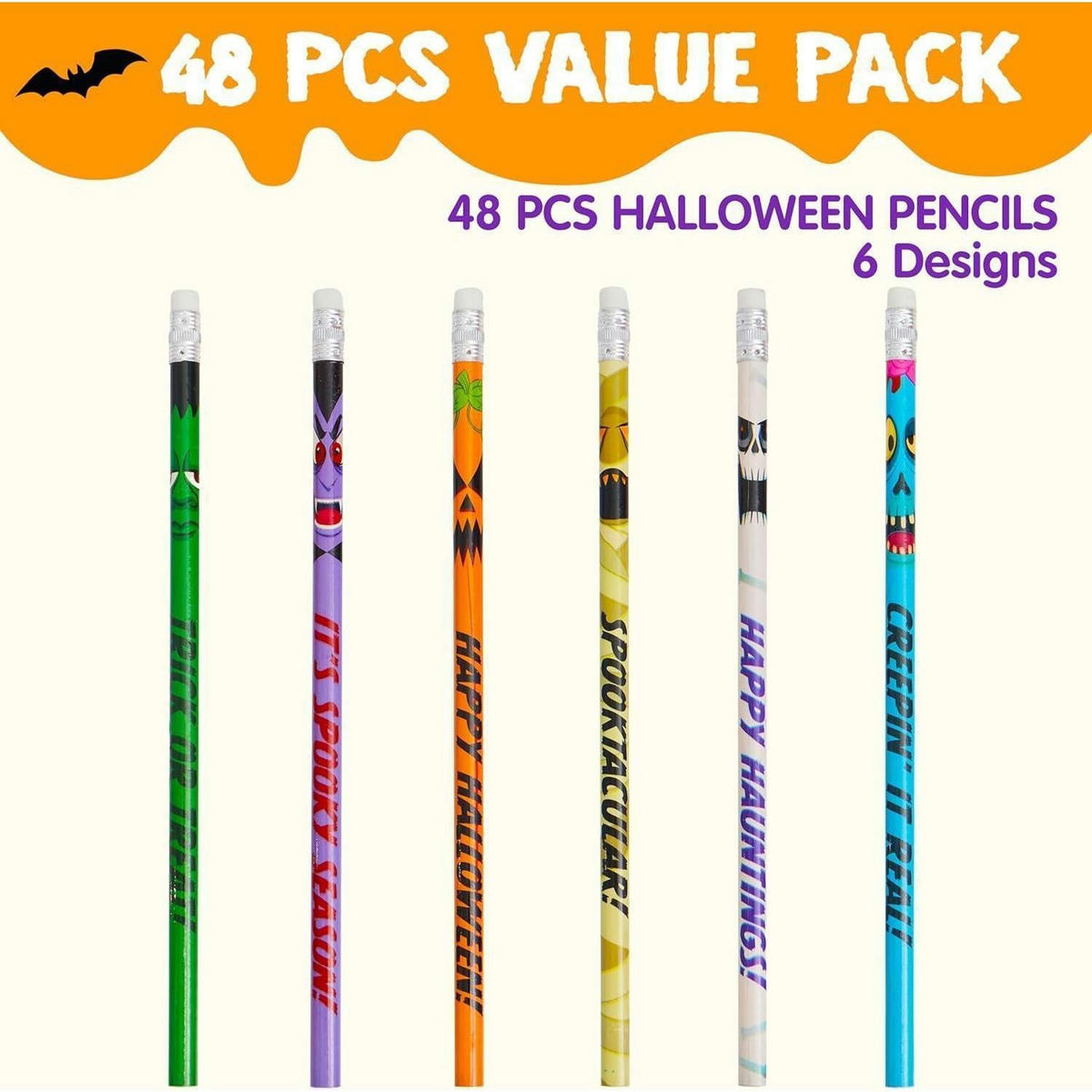 HOLZBLEISTIFTE 48-teiliges Set Halloween-Motive mit Radiergummis - Multicolor, Holz