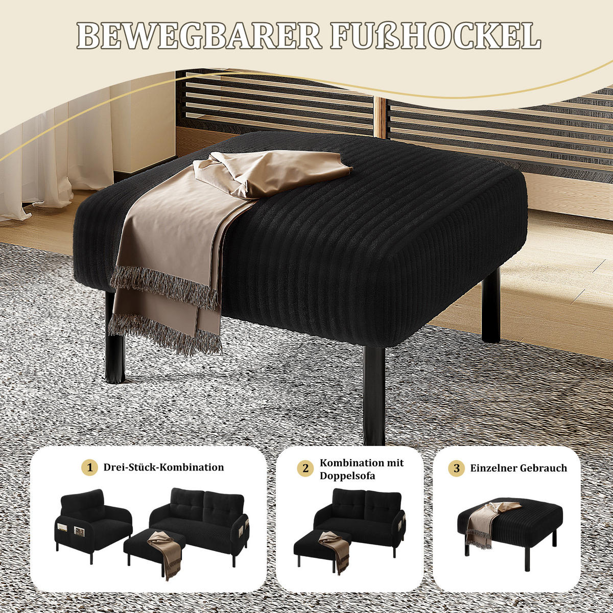 HOCKER Fußhocker Cord,Schwarz - Schwarz, Textil (56/39/51cm) - LVHOM