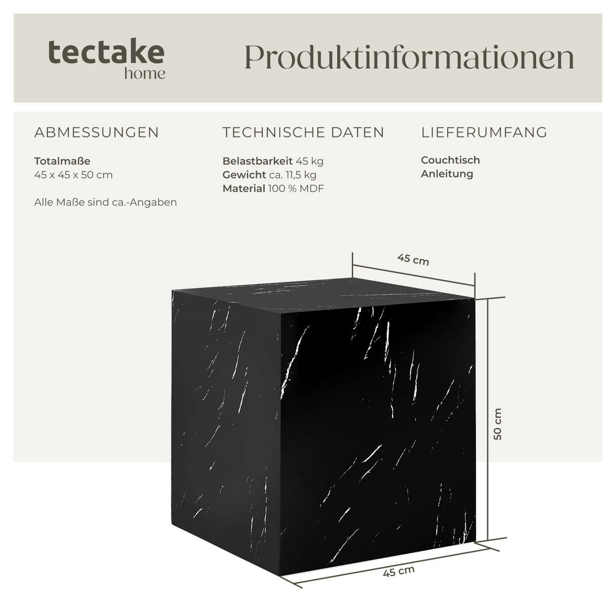 COUCHTISCH Lasley,45 x 45 x 50 cm,Marmor Optik schwarz - Schwarz, Holz (45/45/50cm) - tectake