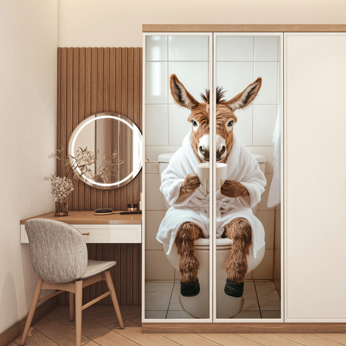 TÜRAUFKLEBER Selbstklebend - Esel - WC - Lustig - Bademantel - Tier 95x215 cm - Türtapete - Beige, Kunststoff (95/0.1cm) - MuchoWow