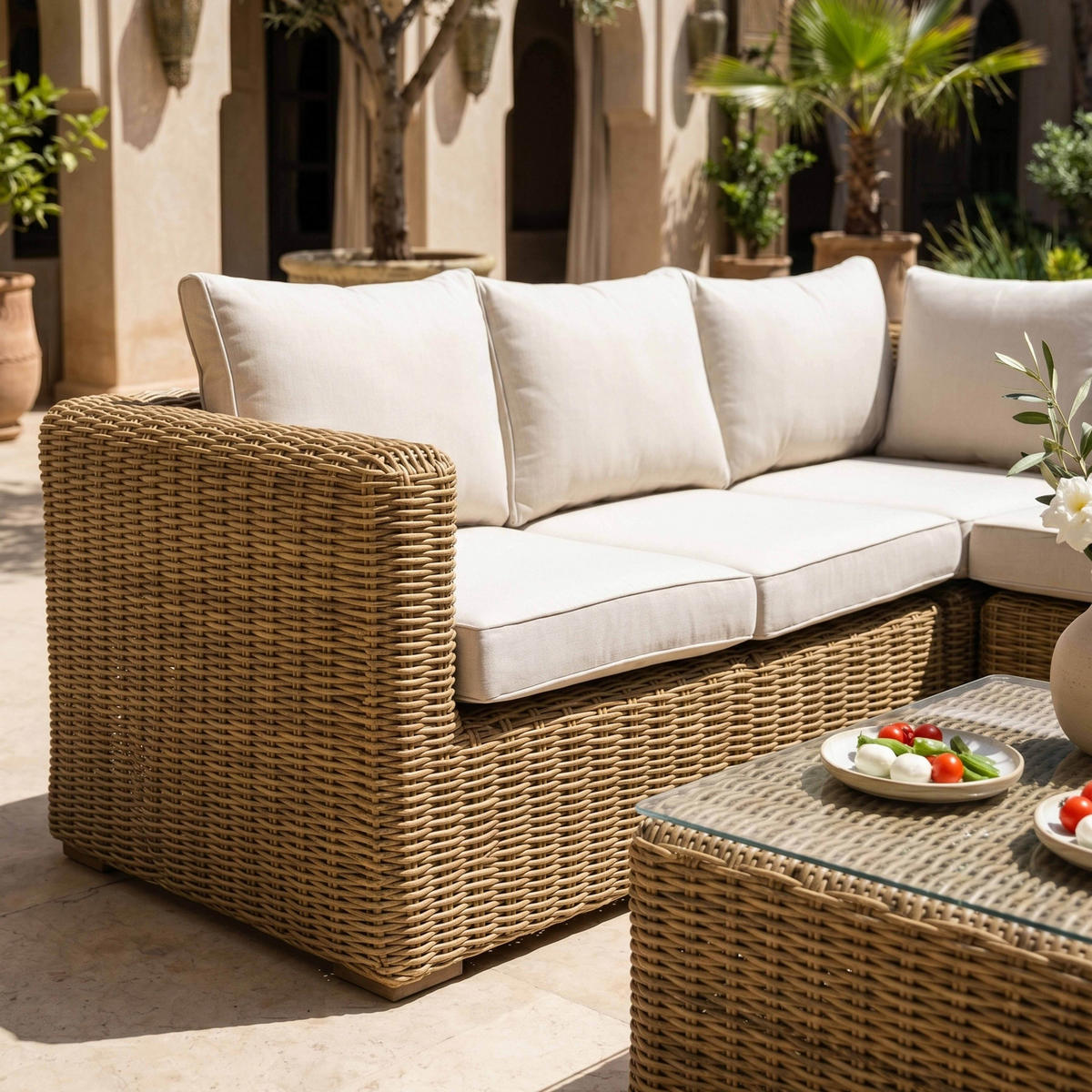 GARTEN-LOUNGEGARNITUR 6-Sitzer, Weiß - Weiß, Naturmaterialien - Oviala