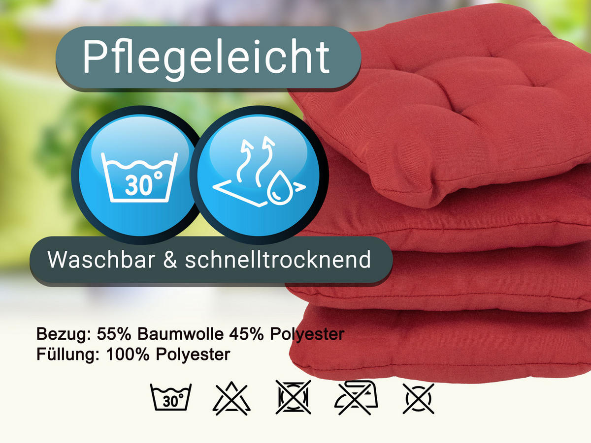 STUHLKISSEN, 4er-Set, 38x38 cm, 55% Baumwolle, 45% Polyester, Rot - Rot, Textil (38/38/6cm) - Zollner