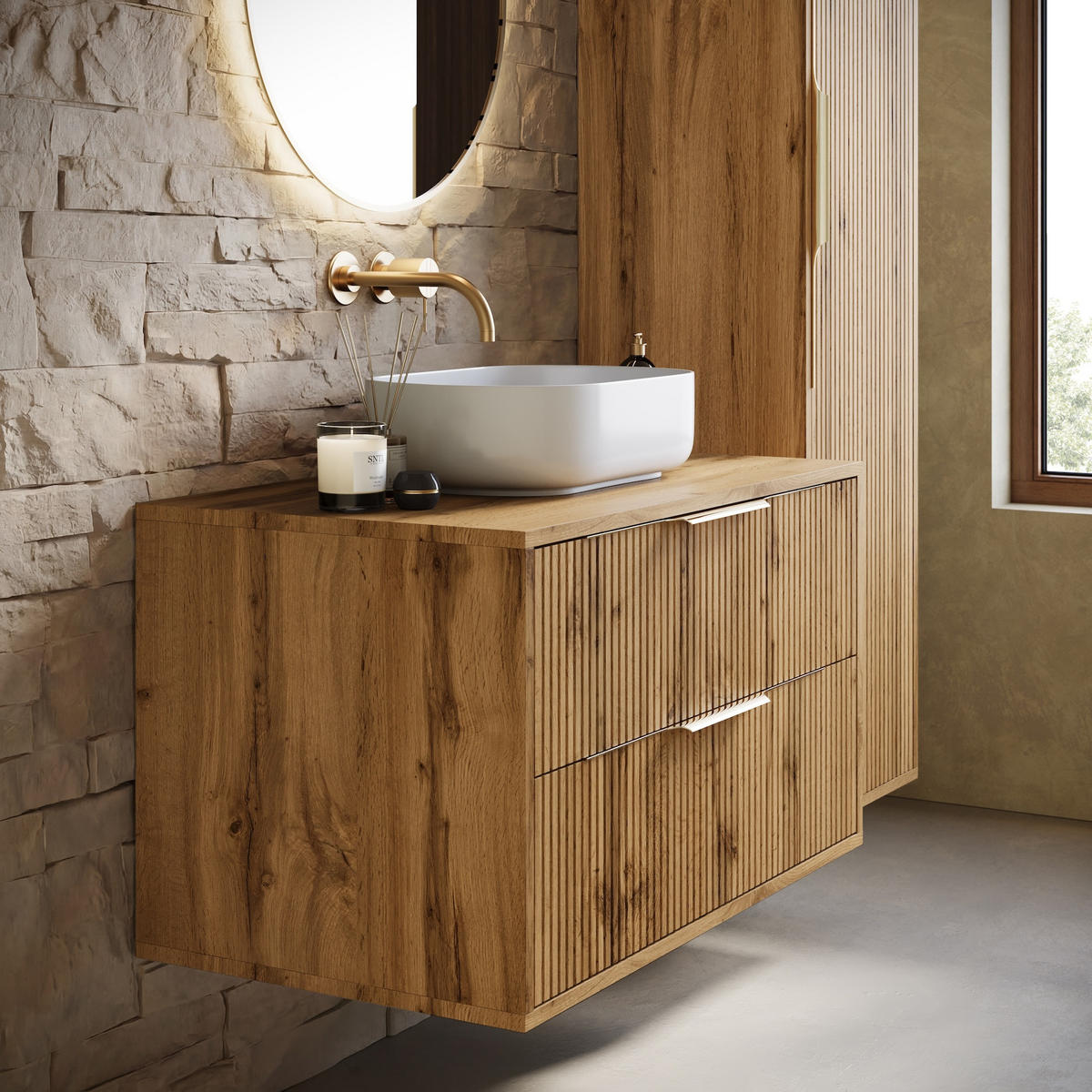 BADMÖBEL-SET Rimini 2 Teile Eiche - 80 x 46 x 46 cm - Eichefarben, Holz (80/46/46cm) - Badplaats