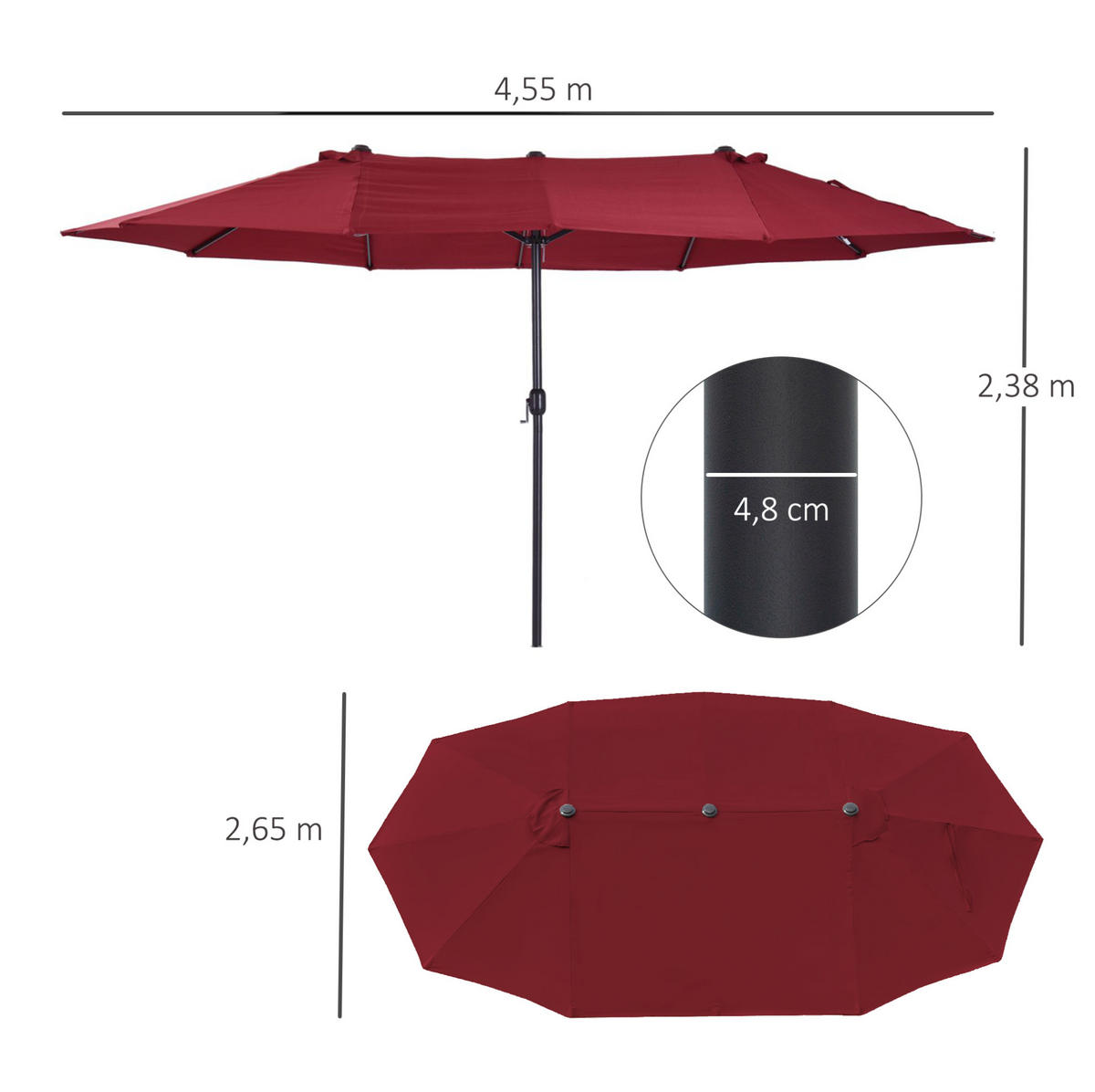 DOPPEL-SONNENSCHIRM aus Stahl 460x270x240 cm in Rot mit Handkurbel - Rot, Metall (270/460cm) - Modfu