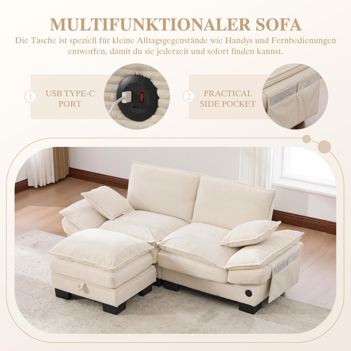 2-SITZER SOFA Cord Beige mit Hocker, USB-C und Seitentaschen - Beige, Holzwerkstoff/Kunststoff (190/132cm) - WISHDOR