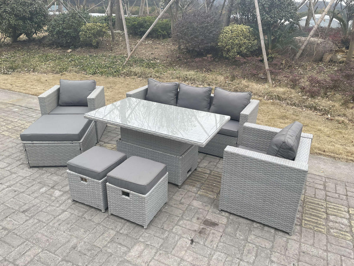 GARTENMÖBEL SET mit höhenverstellbarer Tisch Polyrattan Helles Grau 7-teilige - Hellgrau, Metall - Fimous