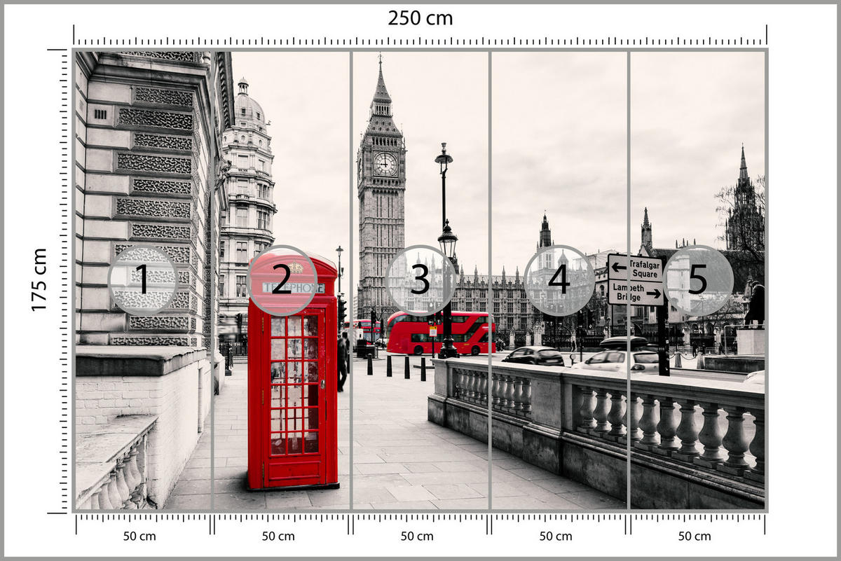 FOTOTAPETE für Wohnzimmer Rote Telefonzelle London BIG BEN Bus 250x175 - Beige/Rot, Papier (250/175cm) - Muralo