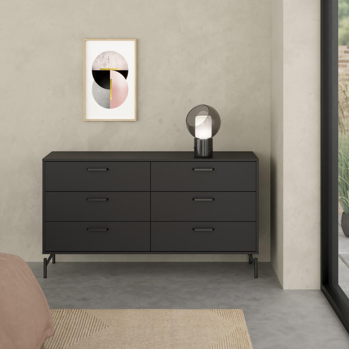 KOMMODE DOPPELT 6 schubladen matt schwarz mit metallgestell 39,8/76,6/39,8 cm - Schwarz, Holzwerkstoff (39.8/76.6/46.8cm) - Calicosy