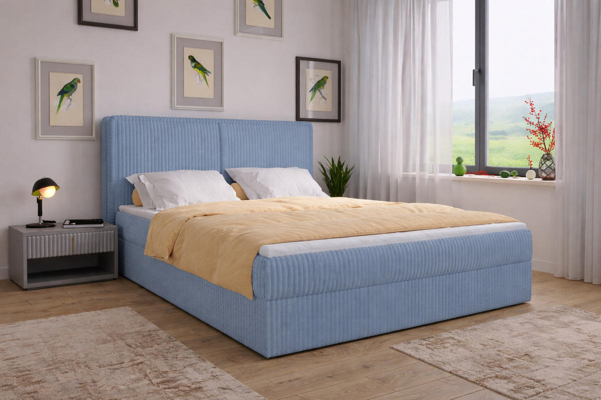 BOXBETT 04 140 x 200 cm - Ambience – Modernes Polsterbett mit Bettkasten, Topper und gepolstertem Kopfteil, Stoffbezug, Stauraumbett - Hellblau, Holz (140/200cm) - ROYAL24_MARKT