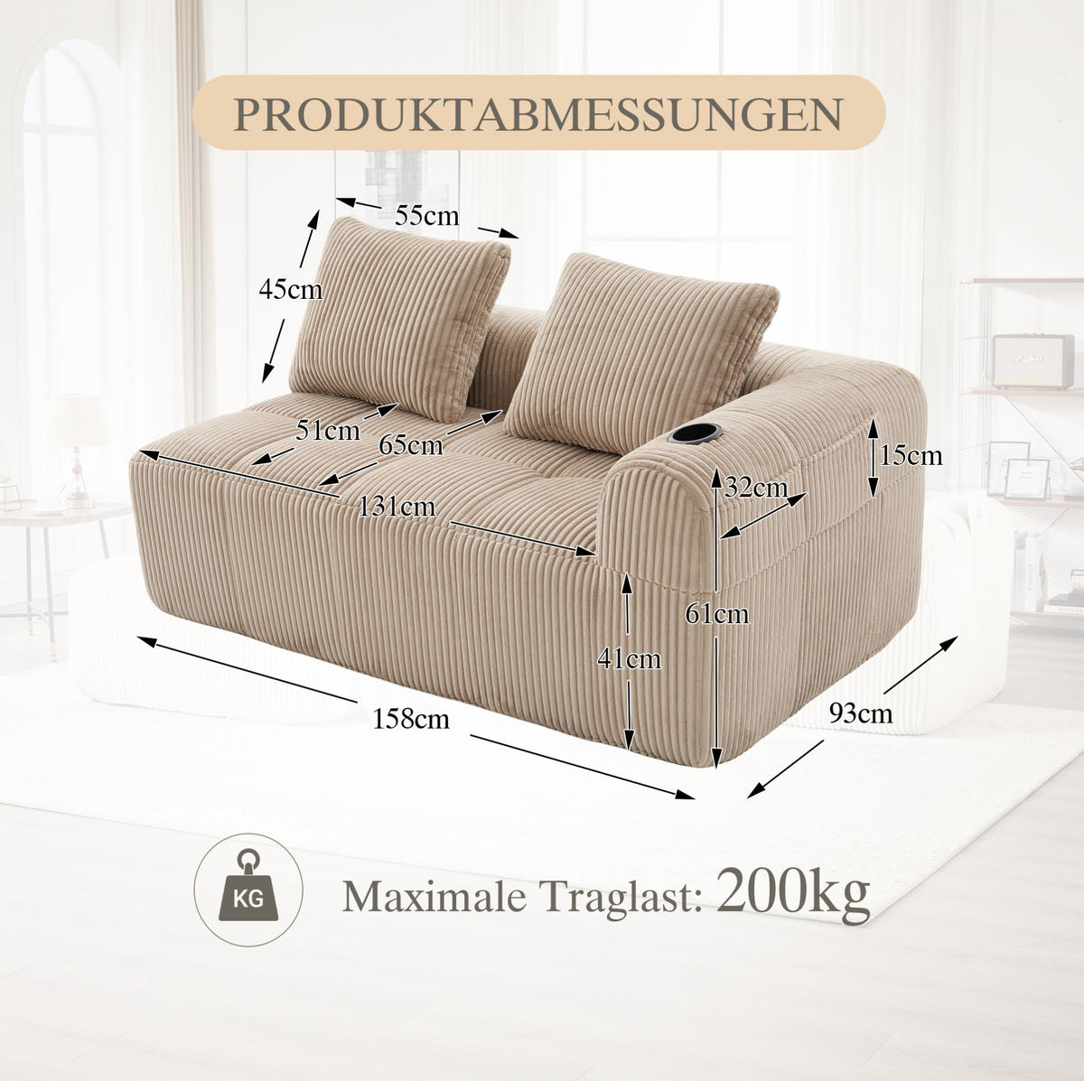 2-SITZER 158/93/61 cm Khaki aus Cordstoff mit Seitenfächern und Becherhaltern - Sandfarben, Textil (93/61/158cm) - OKMYHOME