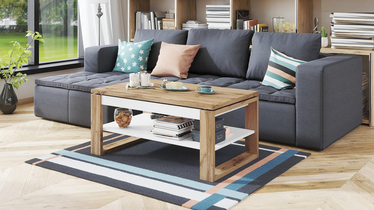 COUCHTISCH rechteckig Eiche Wotan Weiß aufklappbar 110/65/50 cm - Eiche Wotan/Weiß, Holzwerkstoff (65/110/50cm) - designimpex