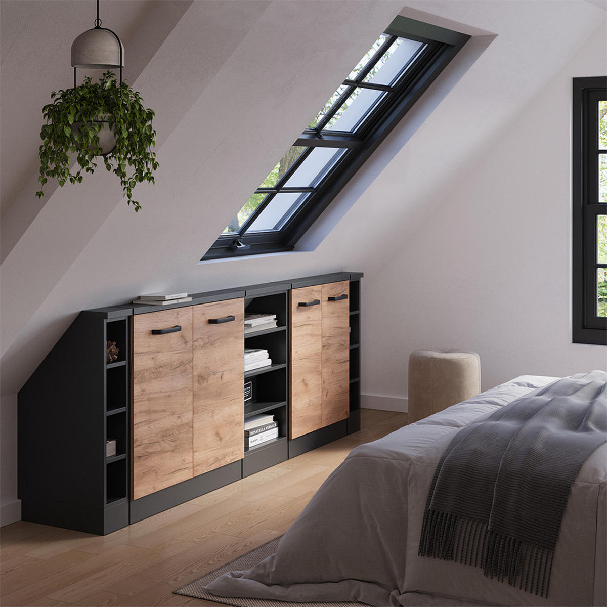 DACHSCHRÄGENSCHRANK-SET Rion Goldkraft Eiche/Anthrazit 5er Set - Honigeiche/Anthrazit, Holzwerkstoff (215/81.6/46cm) - Vicco