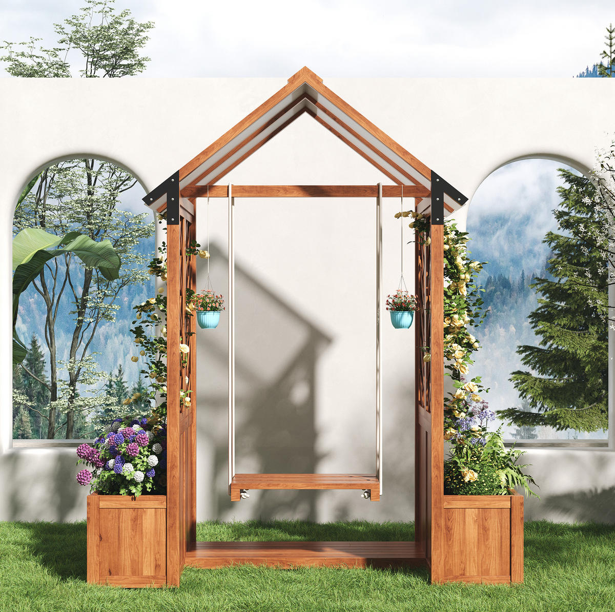 BLUMENKASTEN aus Massivholz 163x142x70 cm in Braun mit Rankgitter & Schaukel - Braun, Holz (70/163/142cm) - Modfu