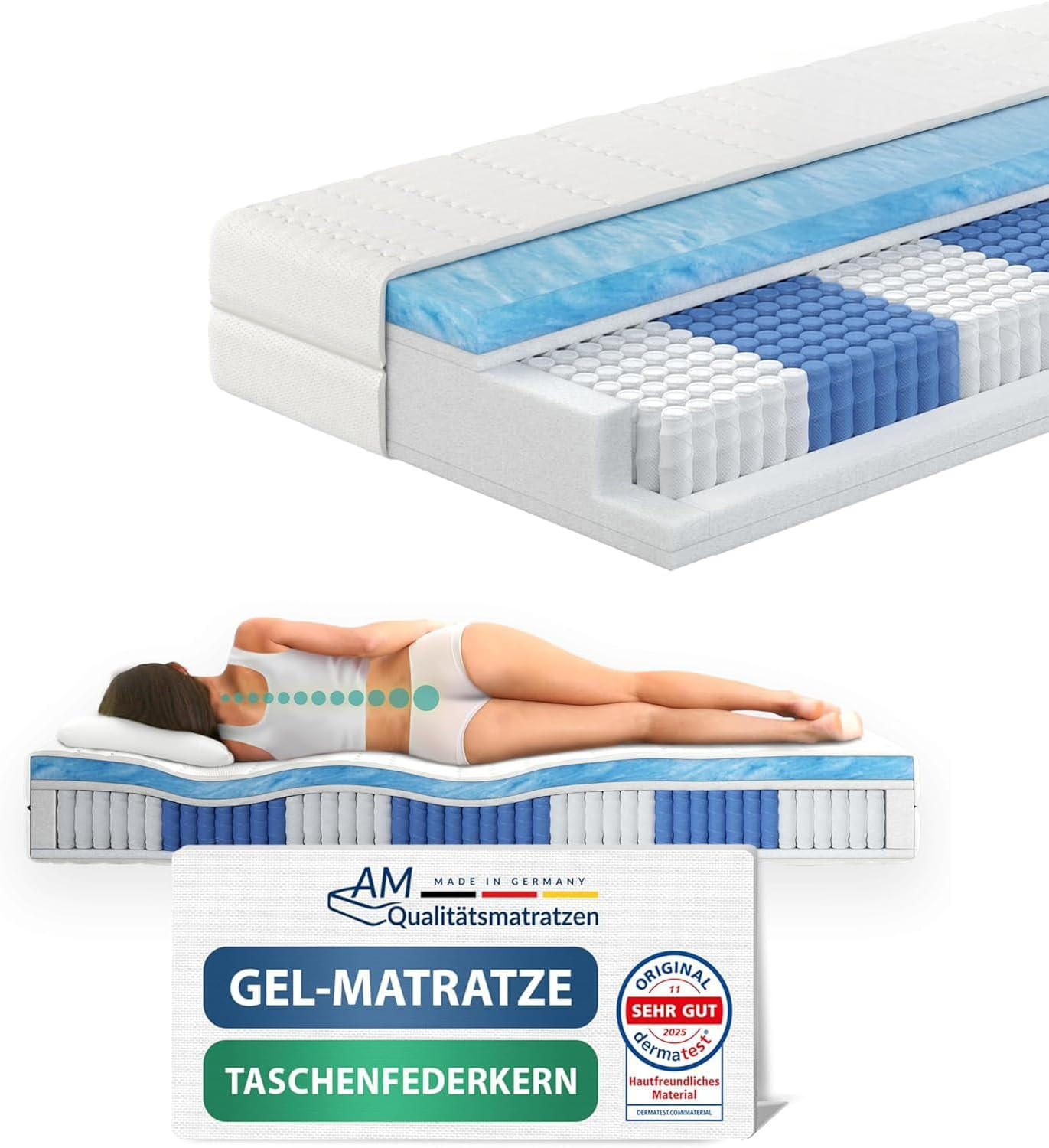 GEL TASCHENFEDERKERNMATRATZE 1000 Federn 100/200 cm H2 - 24cm Höhe & Tencel Bezug - Weiß, Textil (100/200cm) - AM Qualitätsmatratzen