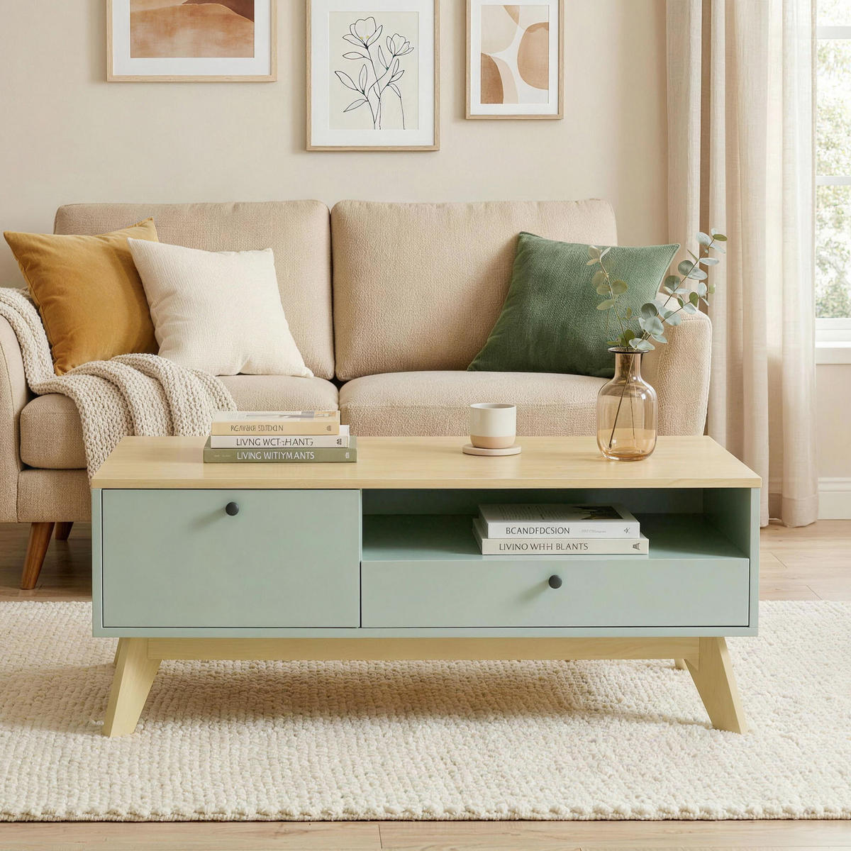 COUCHTISCH DE-15843 mit Schublade & Schrank Grün - Hellgrün, Holzwerkstoff (100/50/40cm) - ComfortXL