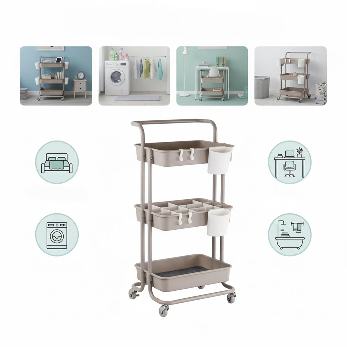 ROLLWAGEN - Beige, Kunststoff/Textil (43/86/36cm) - Relaxdays