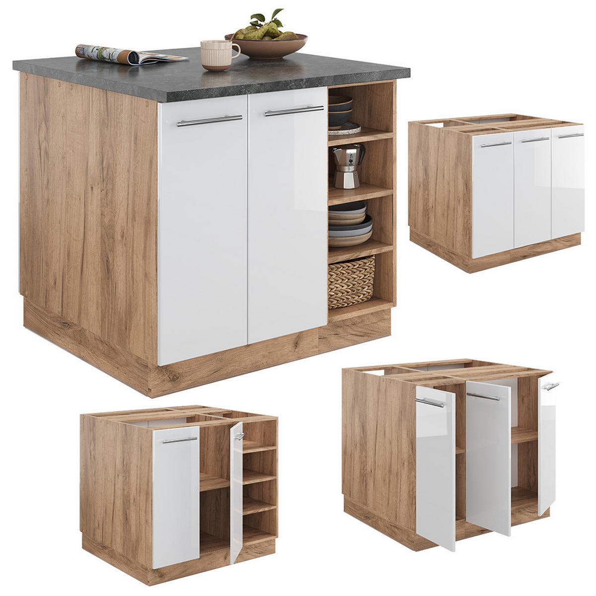 KÜCHENINSEL Fame-Line Weiß Hochglanz/Goldkraft Eiche 90 cm ohne AP - Honigeiche/Weiß Hochglanz, Holzwerkstoff (90/82/60cm) - Vicco