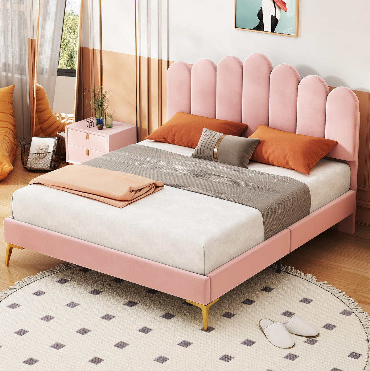 POLSTERBETT mit verstellbarem Kopfteil 140x200 cm Samt Pink - Pink, Metall (140/200cm) - Meubliv