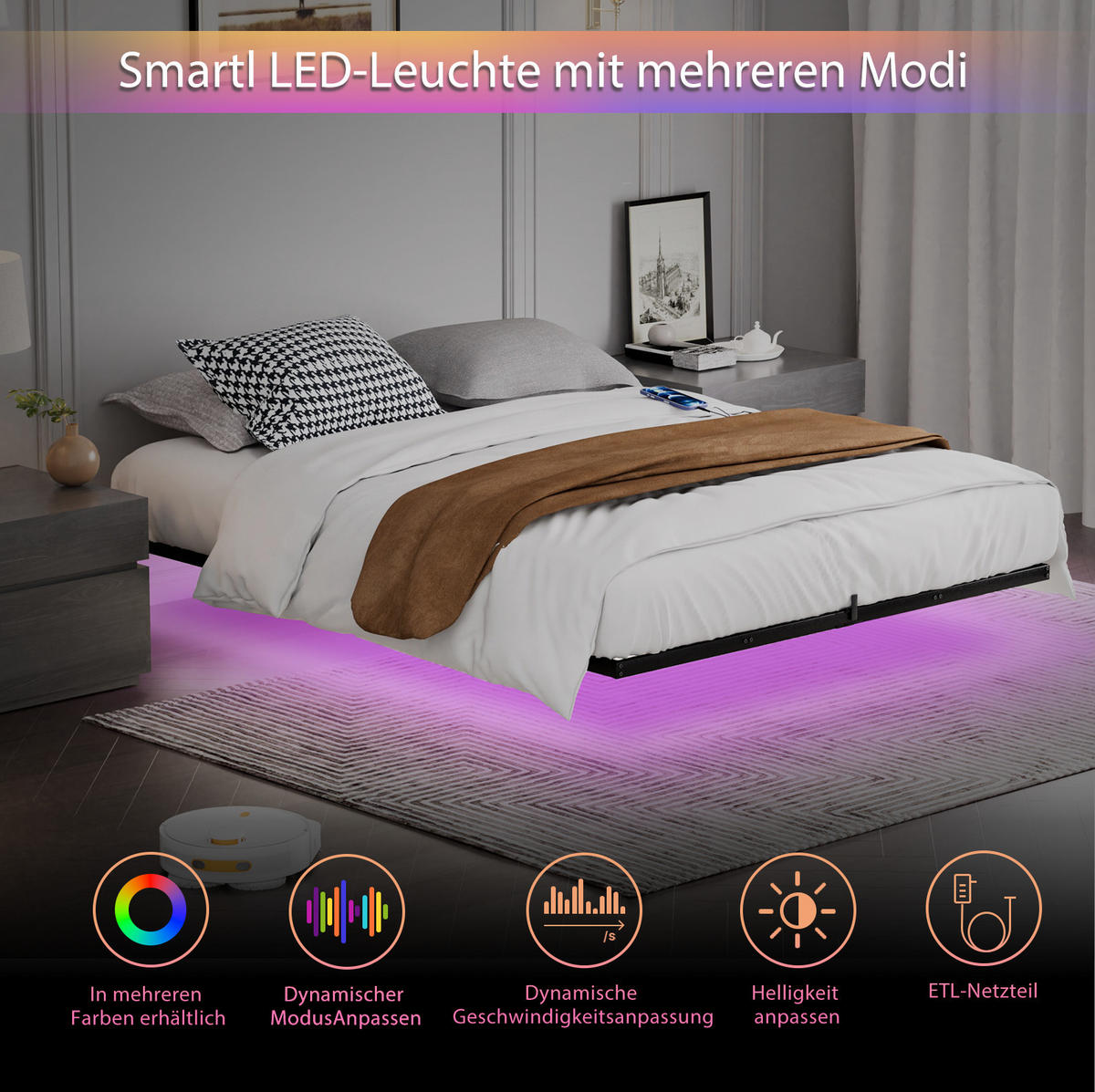 JUGENDBETT Metallbett 160/200 cm aus Stahl mit LED-Beleuchtung und Ladestation Schwarz - Schwarz, Metall (160/200cm) - Modenvie