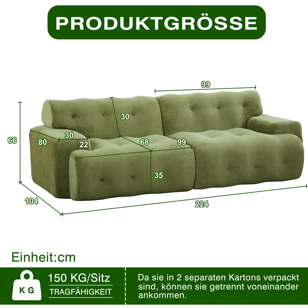 2-SITZER-SOFA aus Chenille 224x104x66 cm Grün montagefrei mit tiefer Sitzfläche, breiten Armlehnen und Knopfheftung - Grün, Textil (224/66/104cm) - Modfu