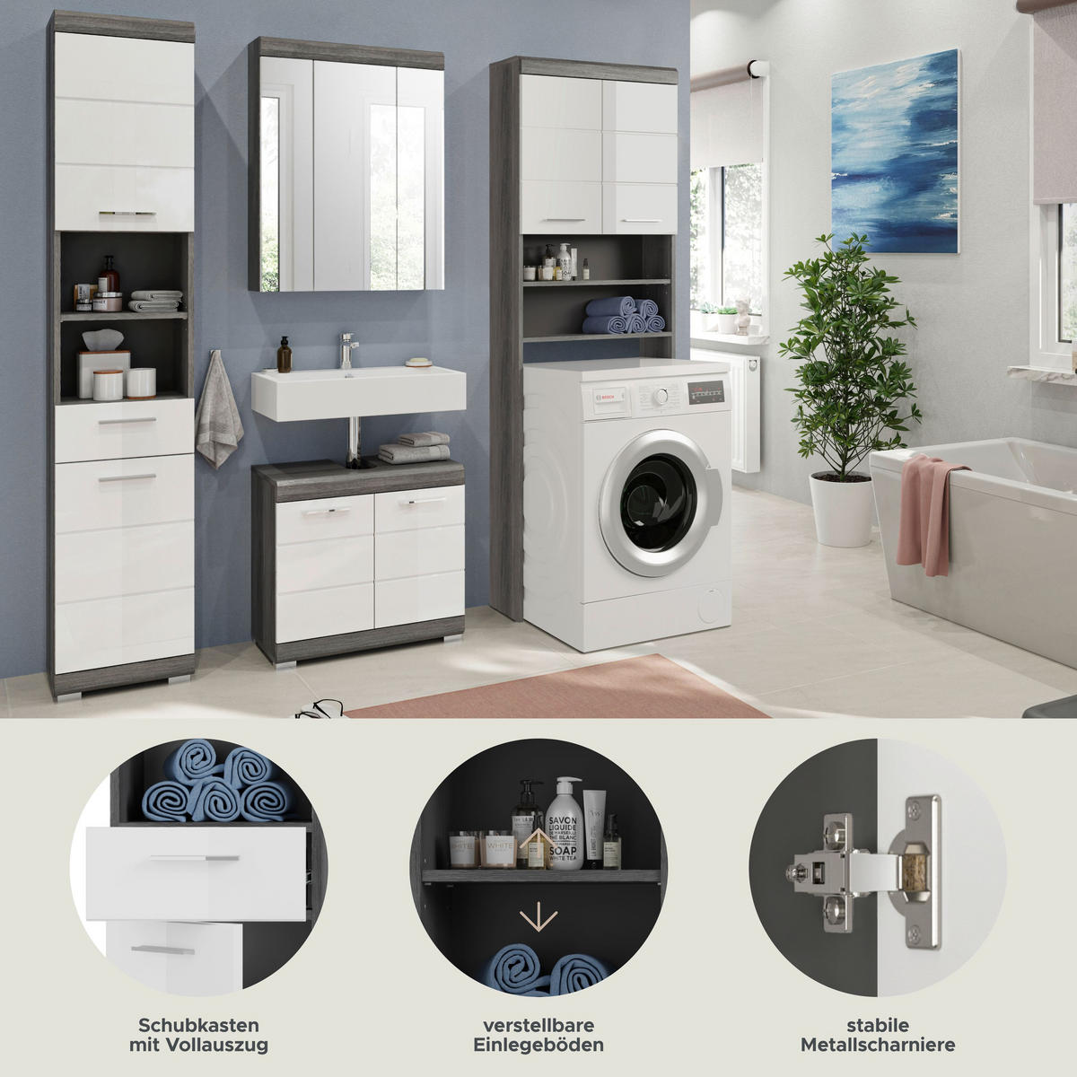 BADKOMBINATION 4tlg. Scout Bad in Rauchsilber Nachbildung und weiß hochglanz B/H/T: 190x191x34 cm - Anthrazit, Holz (190/191/34cm)