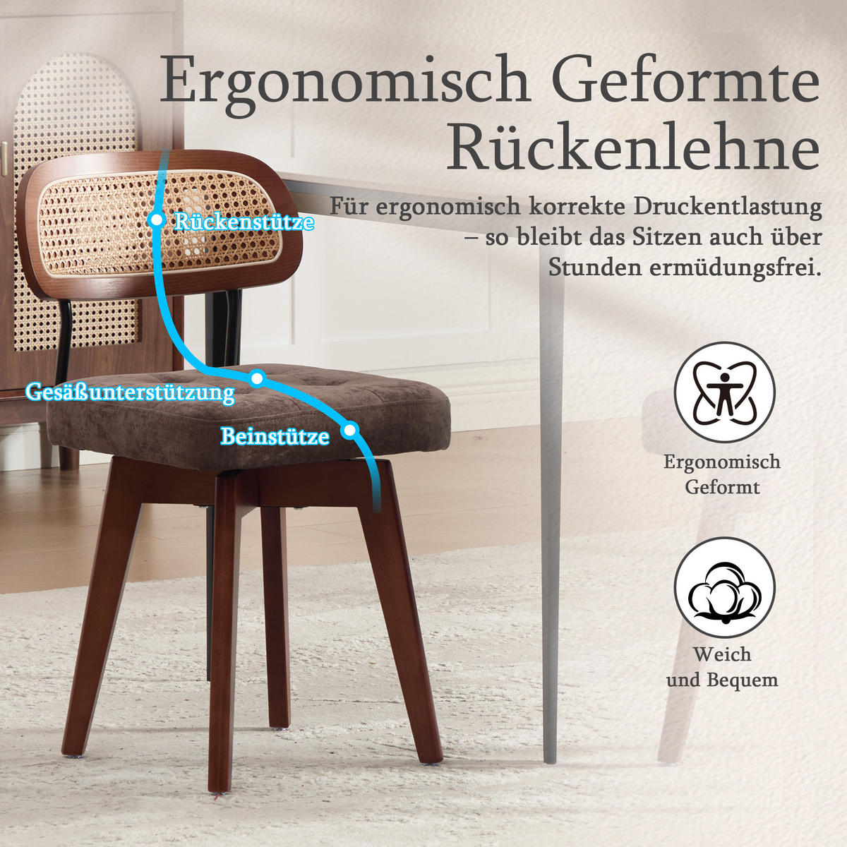 ESSZIMMERSTUHL 2er Set 360° drehbar, Wiener Geflecht, Chenille, Massivholz, Dunkelbraun - Dunkelbraun/Walnussfarben, Holz/Textil (43/77/50cm) - LVHOM
