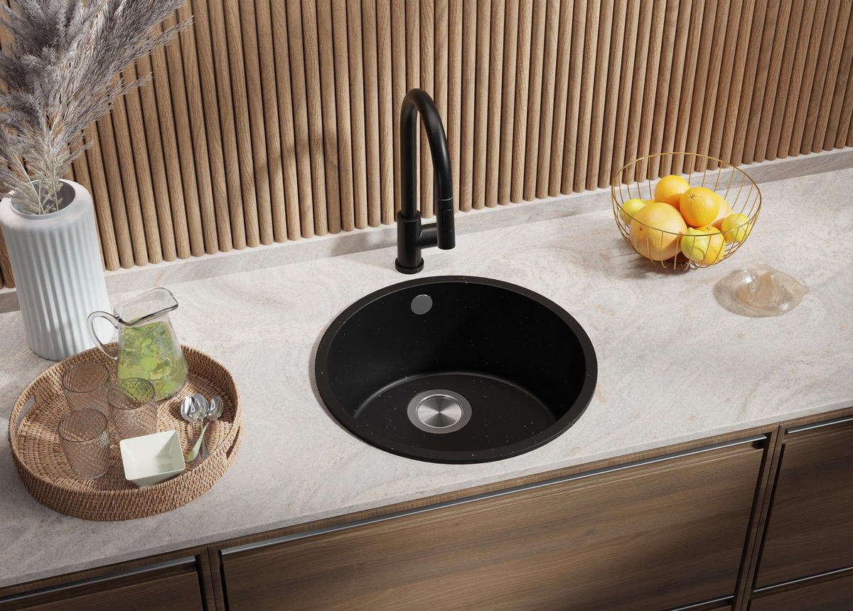 SPÜLBECKEN RUND Valletta Slim, 2-er set Schwarz Metallic 46/46 cm 1 Becken + Ablauf-Set ab 50er Unterschrank - Chromfarben/Schwarz Hochglanz, Kunststoff (46/20/46cm) - Primagran