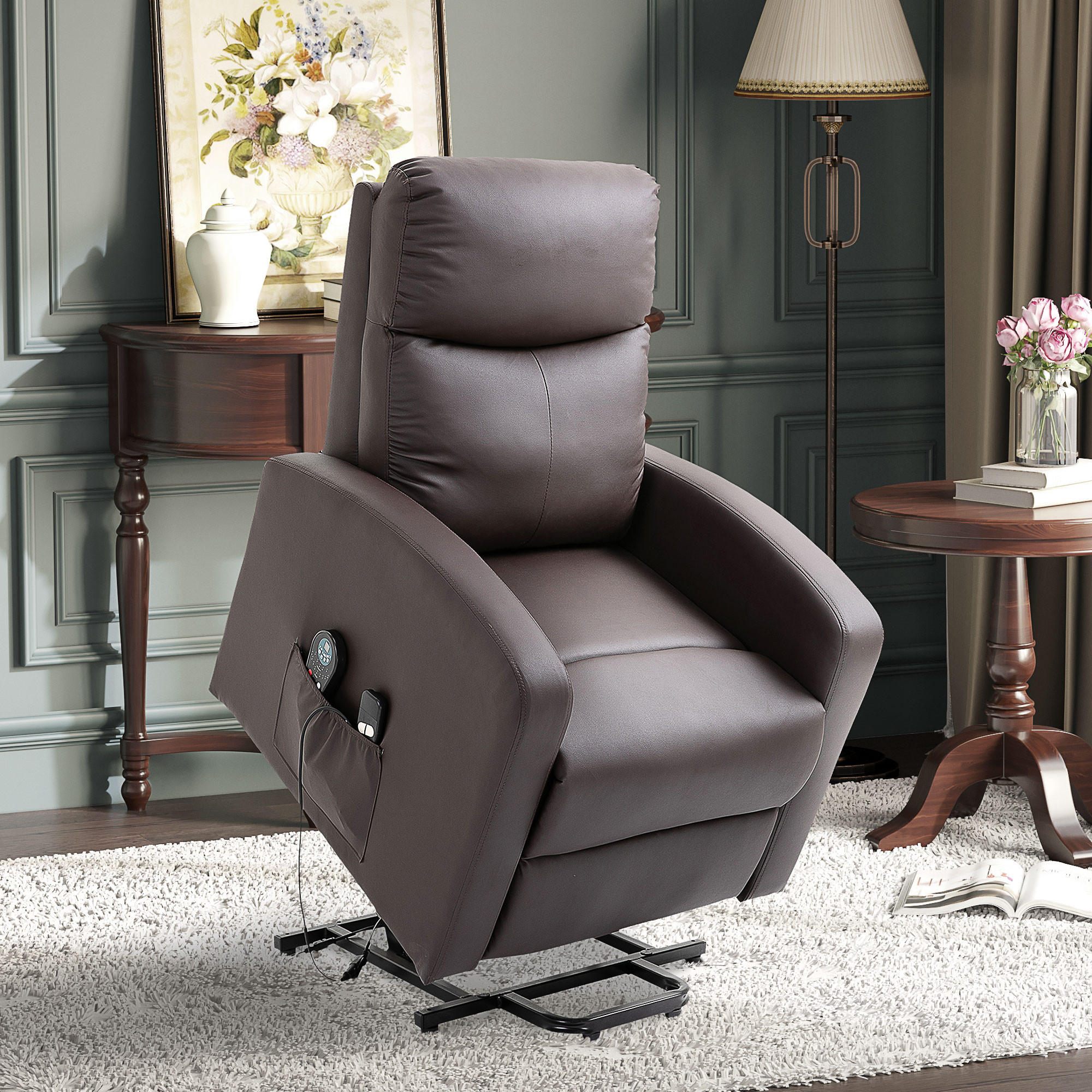 SESSEL mit Aufstehhilfe, Massagesessel mit Liegefunktion, Fernbedienung, Braun - Braun, Kunststoff (89/105/72cm) - HOMCOM