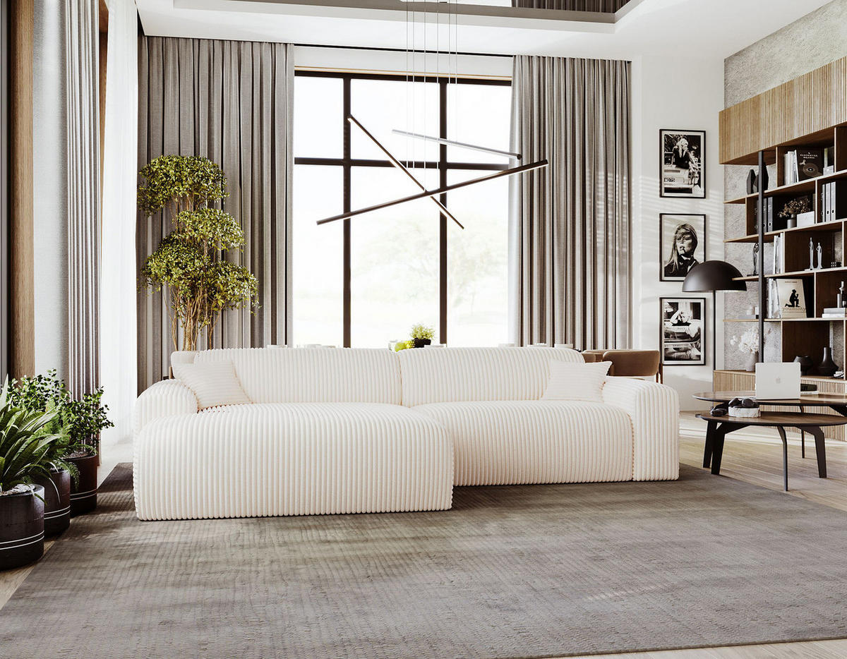 ECKSOFA mit Longchair - Cord - Creme/Schwarz, Kunststoff/Textil (284/178cm) - home24