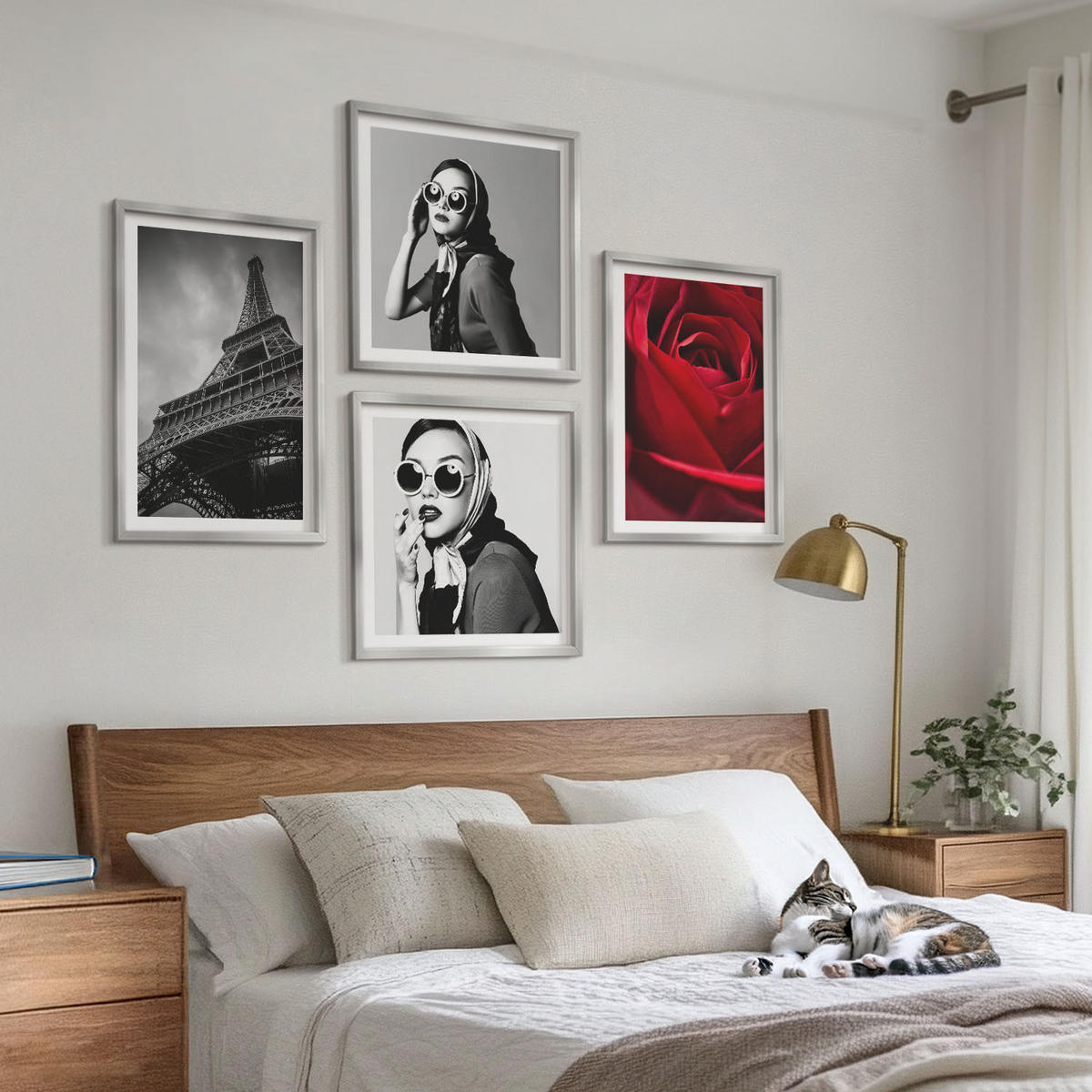 BILDER SET 4er Set - 50x50 cm & 40x60 cm Silberner Rahmen - Pariserin mit Eiffelturmbrille - Silberfarben, Kunststoff (50/50cm) - TULUP