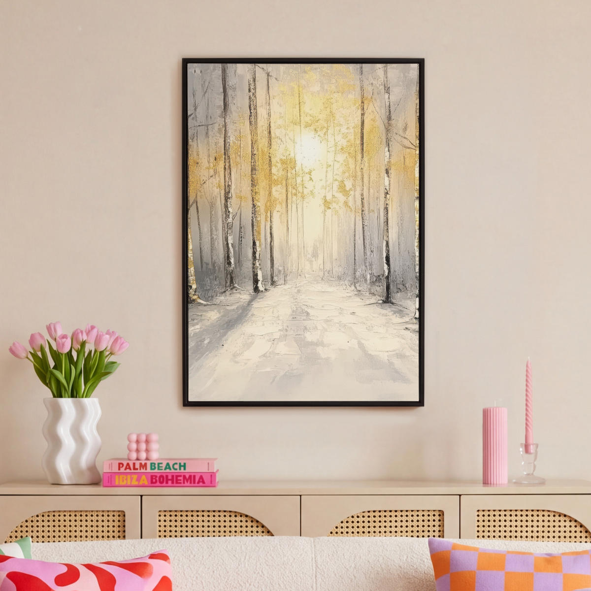 LEINWAND Bilder mit Rahmen - Winter - Abstrakt - Schnee - Natur - Sonne - 60x90 - Grau, Textil (60/90cm) - MuchoWow
