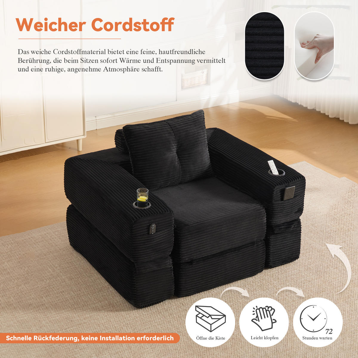 SCHLAFSOFA mit Schlaffunktion, Getränkehalter und Federkern aus Cord - Schwarz, Textil (122/80/98cm) - EVRYAE