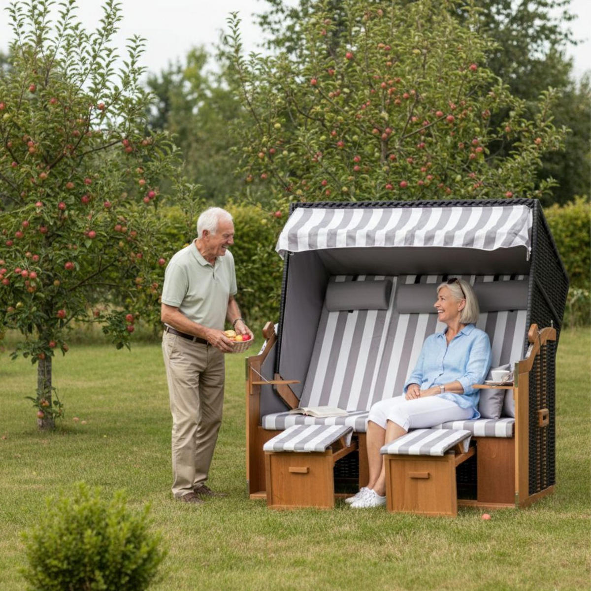 STRANDKORB XXL Ostsee 3Sitzer PE Schwarz - Schwarz/Braun, Metall (160/160/80cm) - Mr. Deko