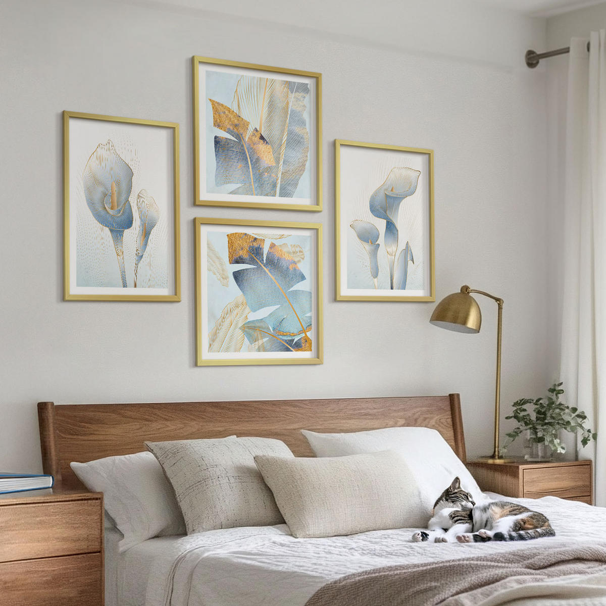 BILDER SET 4er Set - 50x50 cm & 40x60 cm Goldrahmen - Blaue Blumen im Hintergrund - Goldfarben, Kunststoff (50/50cm) - TULUP
