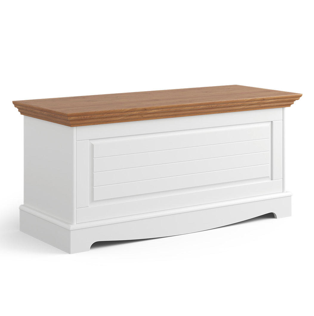 TRUHE Belluno Elegante Kiefer weiß (RAL9010) lackiert / Kiefer gebeizt, Eichefarben 111 / 44 / 51cm - Eichefarben/Weiß, Holz (111/51/44cm) - Feldmann-Wohnen
