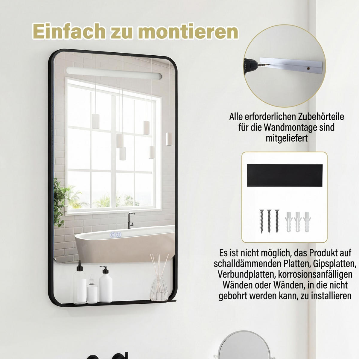 BADSPIEGEL mit Beleuchtung schwarz - Schwarz, Glas (50/80/12cm) - COSTWAY