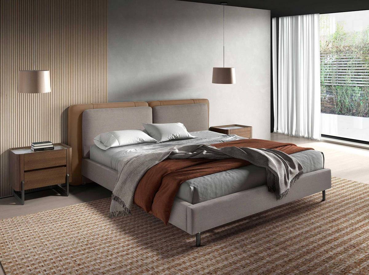 BETT Bett aus nerzfarbenem Kunstleder und grauem Stoff 217/222/100 cm - Taupe/Edelstahlfarben, Leder (180/200cm) - ANGEL CERDA