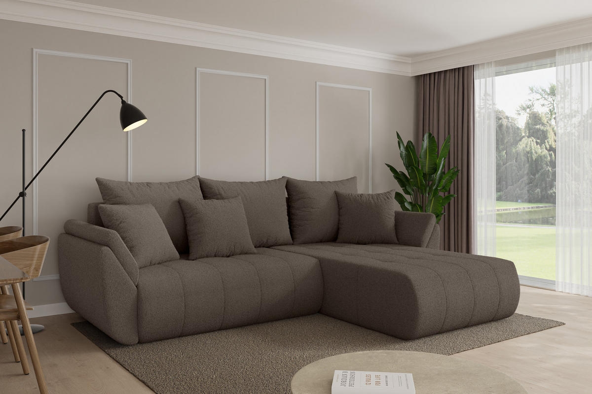 ROHOVÁ SEDAČKA s funkcí spaní, otoman vpravo TOKO-L 277x194x86 hnědá bouclé - černá/hnědá, kompozitní dřevo/textil (277/194cm) - ALTDECOR