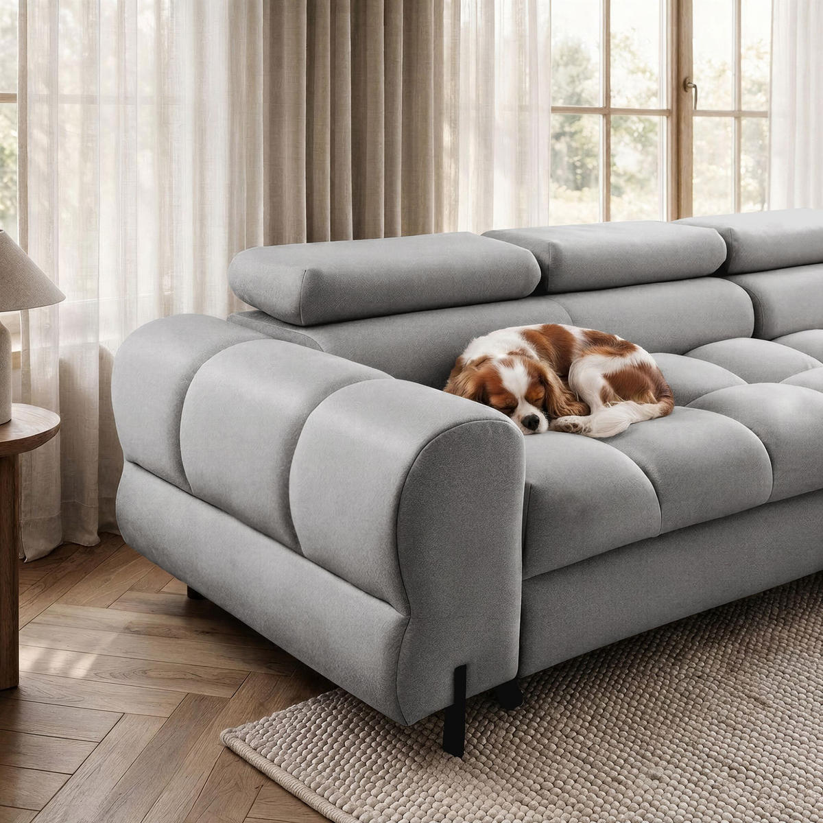 ECKSOFA UFFO L Rechts mit Schlaffunktion 260x195 Velours Hellgrau - Hellgrau/Schwarz, Holz/Textil (195/260cm) - Muffo