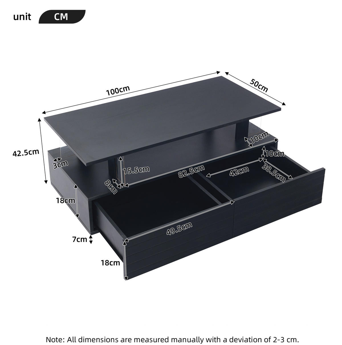COUCHTISCH mit LED und Stauraum 100 x 50 cm Acryl Schwarz - Schwarz, Holz (100/50/42cm) - Meubliv