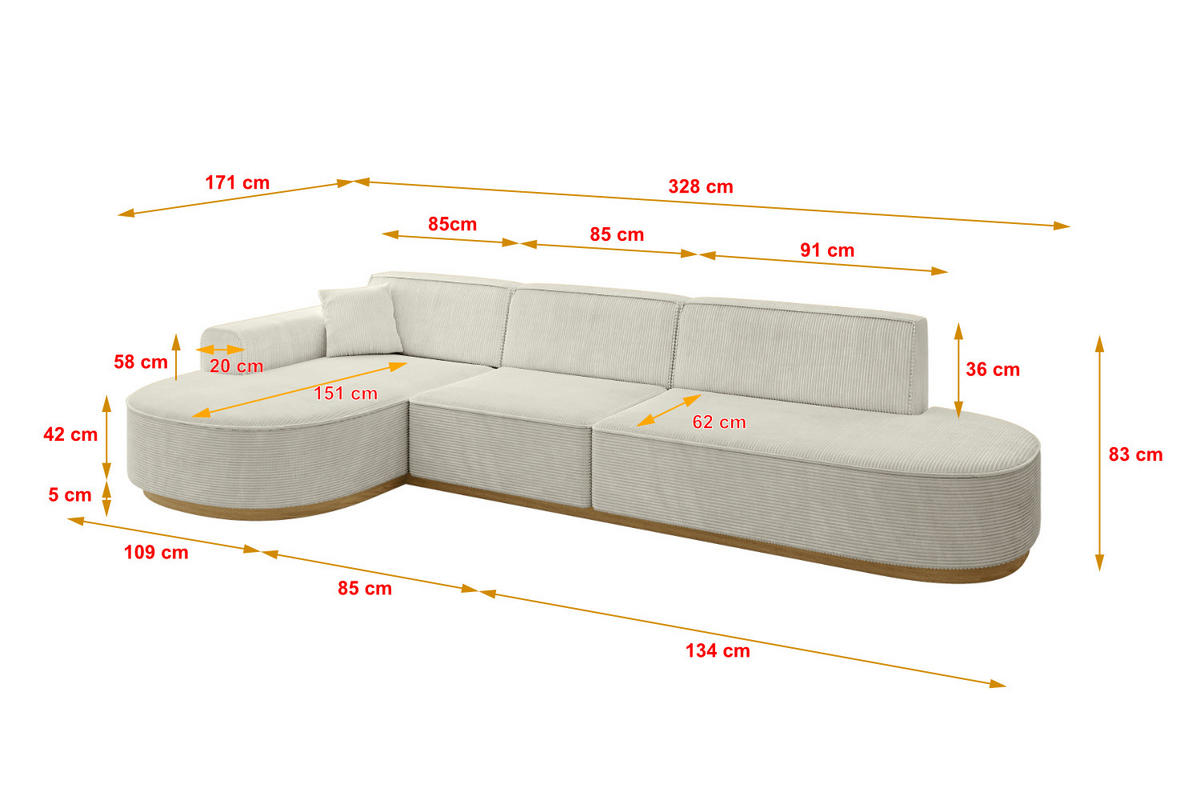 ECKSOFA Ottomane Links MARI-L2-v2 - 328x171x83 cm Creme Cord - Hellgrau/Creme, Holzwerkstoff/Textil (328/171cm) - ALTDECOR