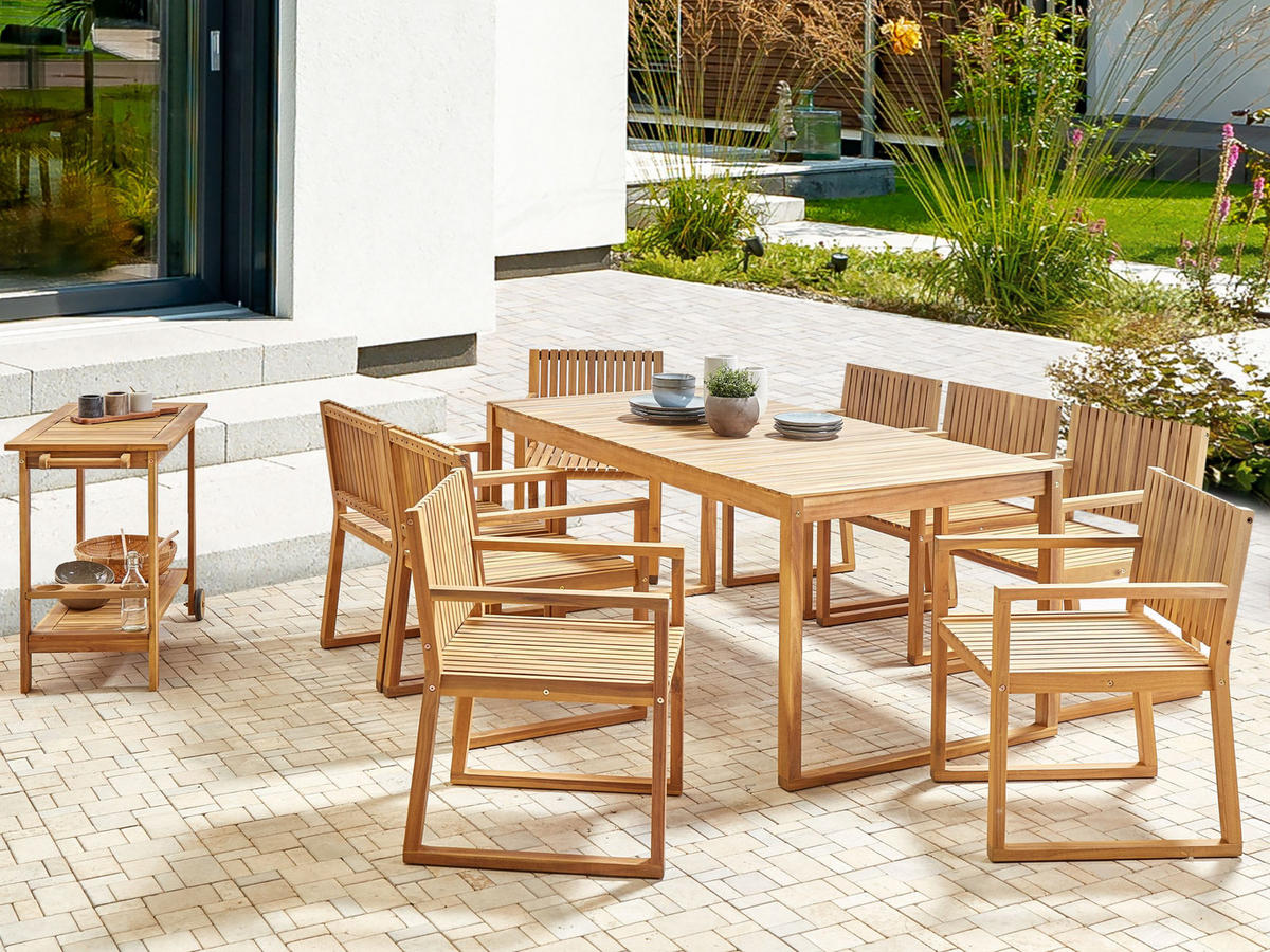 GARTENMÖBEL-SET 8-Sitzer Heller Holzfarbton Sassari II - Hellbraun, Holz - Beliani