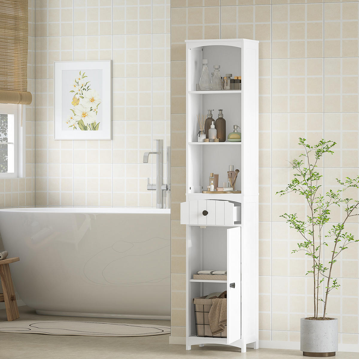 HOCHSCHRANK mit 3 Regalen, 1 Schublade, Weiß, 34x24x170,5cm - Weiß, Holz (34/170.5/24cm) - HOMCOM