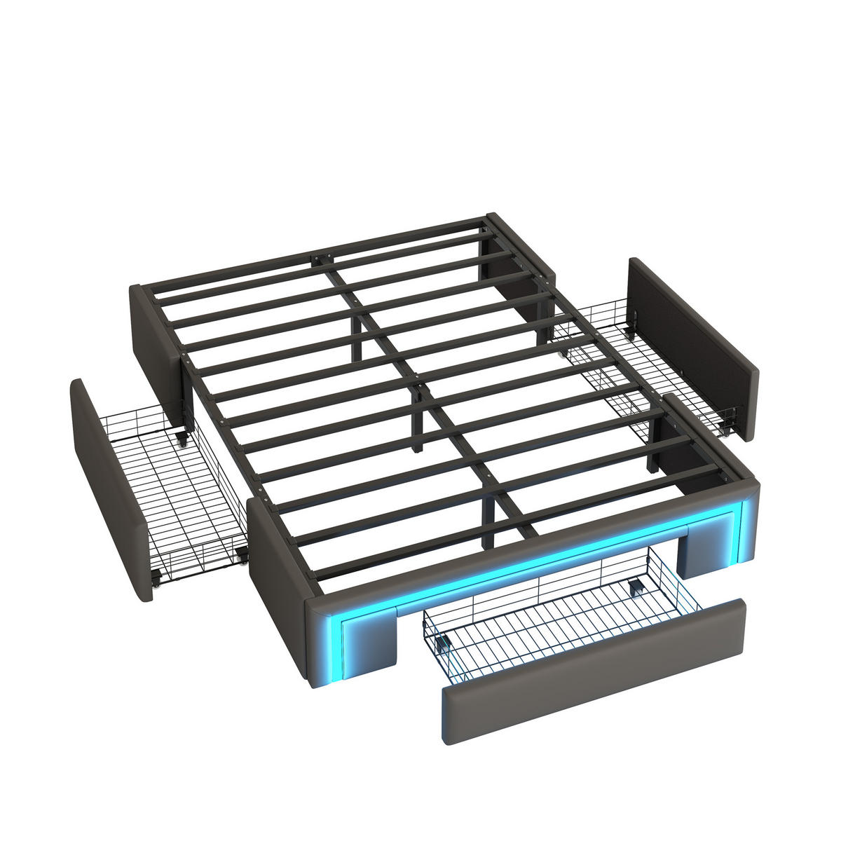 BETTGESTELL 160/200 cm grau mit Schubladen und LED-Lichtleiste - Grau, Kunststoff (160/200cm) - OKWISH