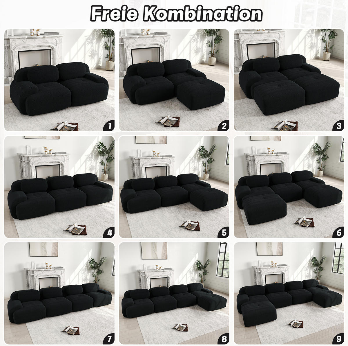 ECKSOFA modular, rahmenlos, mit geschwungenen Armlehnen und Cordbezug, Schwarz - Schwarz, Textil (208/178cm) - Redom