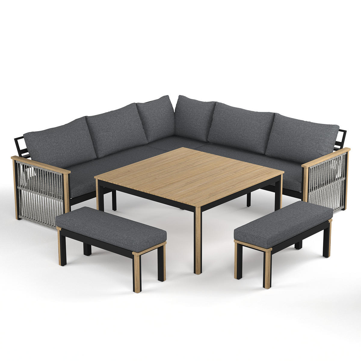 LOUNGEGRUPPE - Akazie massiv / Polyester - Braun / Anthrazit - Anthrazit, Holz/Textil - home24