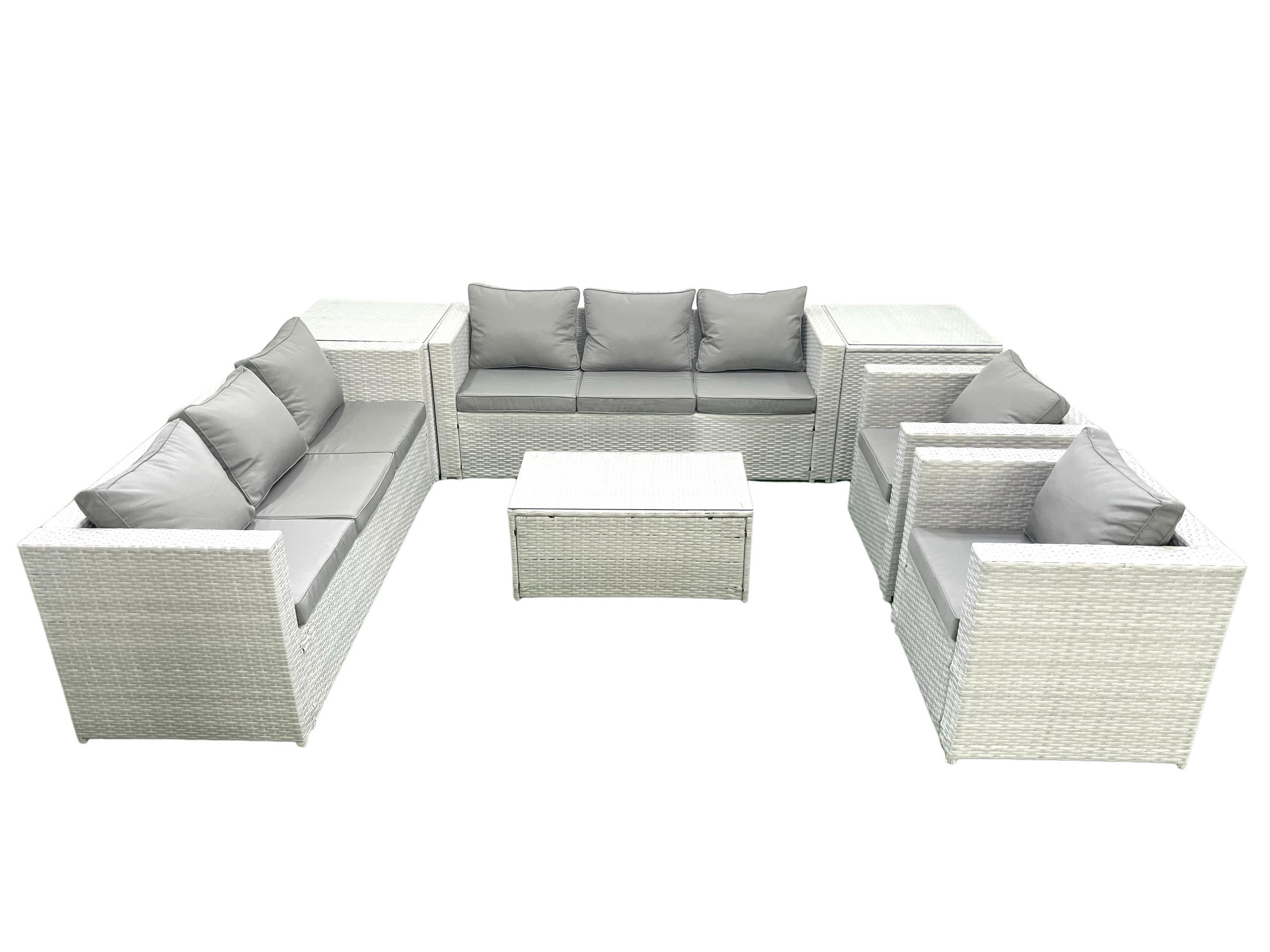 GARTENGARNITUR mit 3-SITZER SOFA,COUCHTISCH Polyrattan Hellgrau-Mix 8-Sitzer - Hellgrau/Grau, Glas/Kunststoff - Fimous